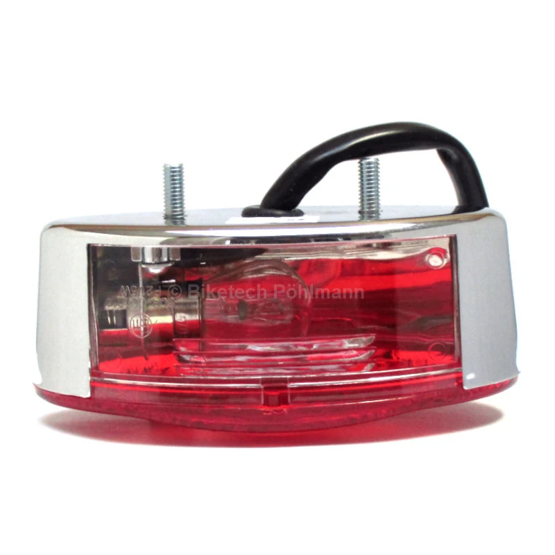 Rücklicht Cat-Eye chrom, Glas rot, 125x65 mm, mit KZL, E-geprüft, 12V/5W