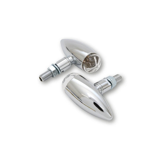 LED-Blinker Paar Highsider Micro-Bullet chrom, Klar, M10, E-geprüft, 12V/1W