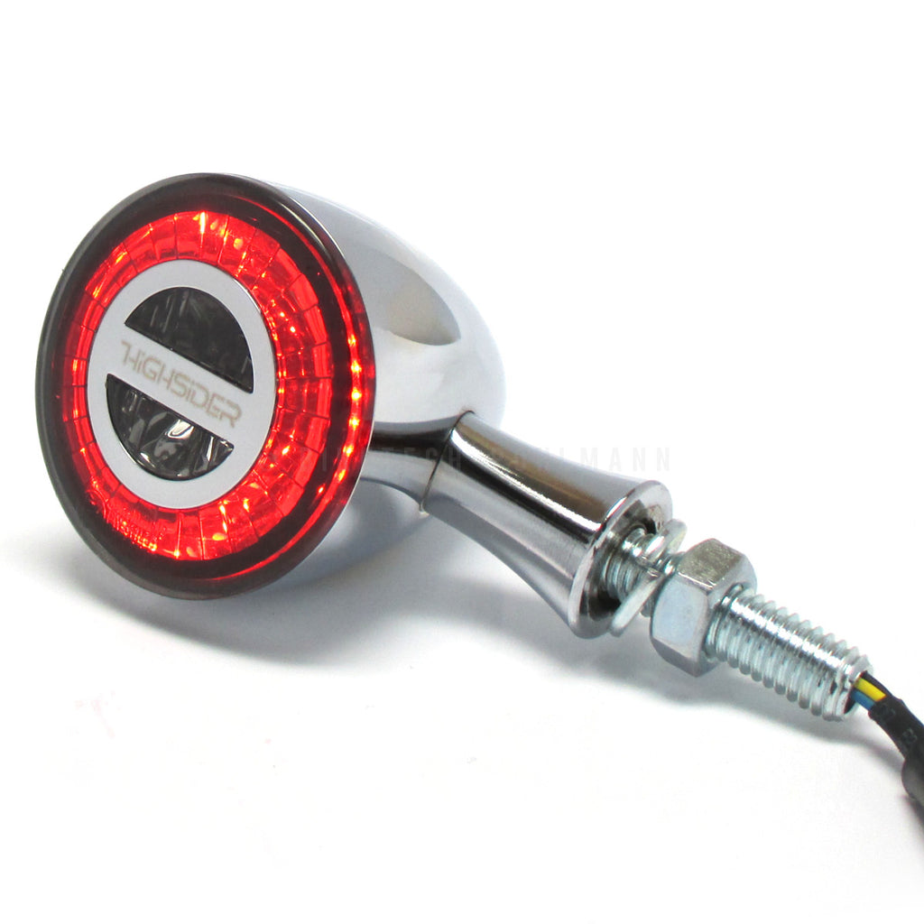 LED Blinker ROCKET BULLET mit Rücklicht und Bremslicht, chrom