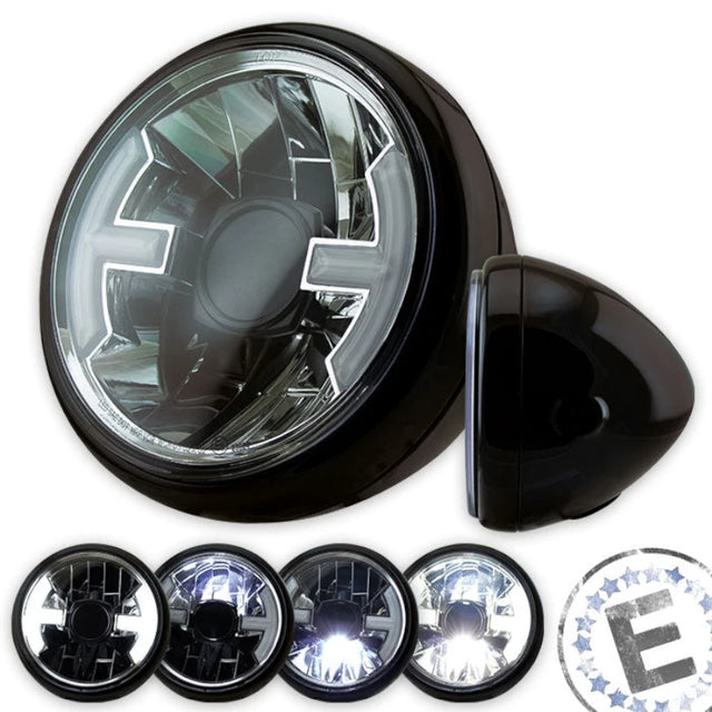 LED-Scheinwerfer HAWK, schwarz glänzend, 7 Zoll, seitliche Befestigung
