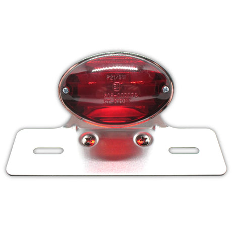 Rücklicht mit Kennzeichenhalter Cat-Eye chrom, Glas rot, KZL, E-geprüft, 12V/5W