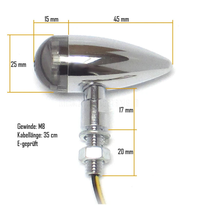LED-Blinker Paar Progress-Line Bullet, Chrom, Getönt, M8, E-geprüft, 12V/2W
